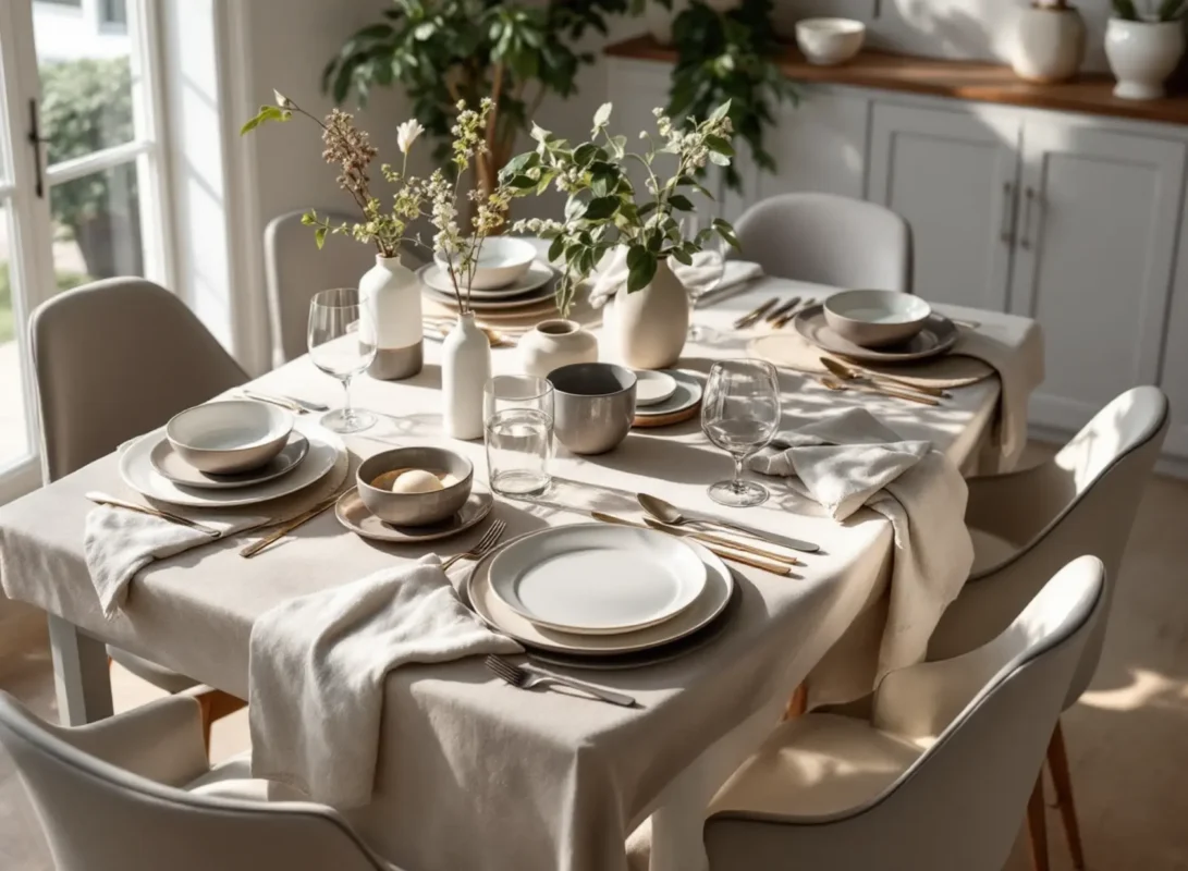 Modern dining table with assorted dinner plate sets in stoneware, porcelain, and bone china under natural lighting.