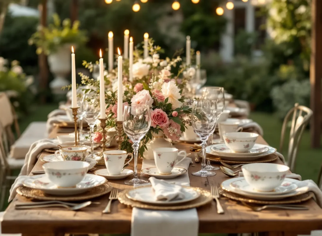 Elegant garden table set with porcelain dinnerware sets, floral napkins, and gold accents for upscale entertaining.