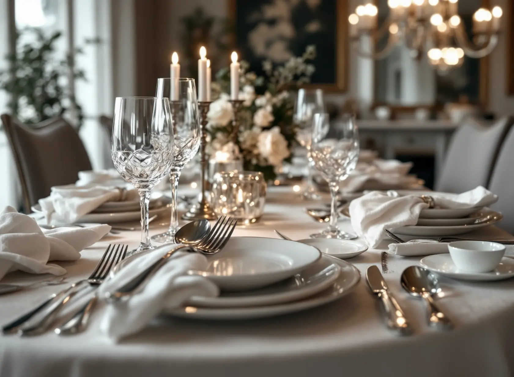 Elegant silver cutlery set arranged on luxury dining table with porcelain plates and crystal glassware.