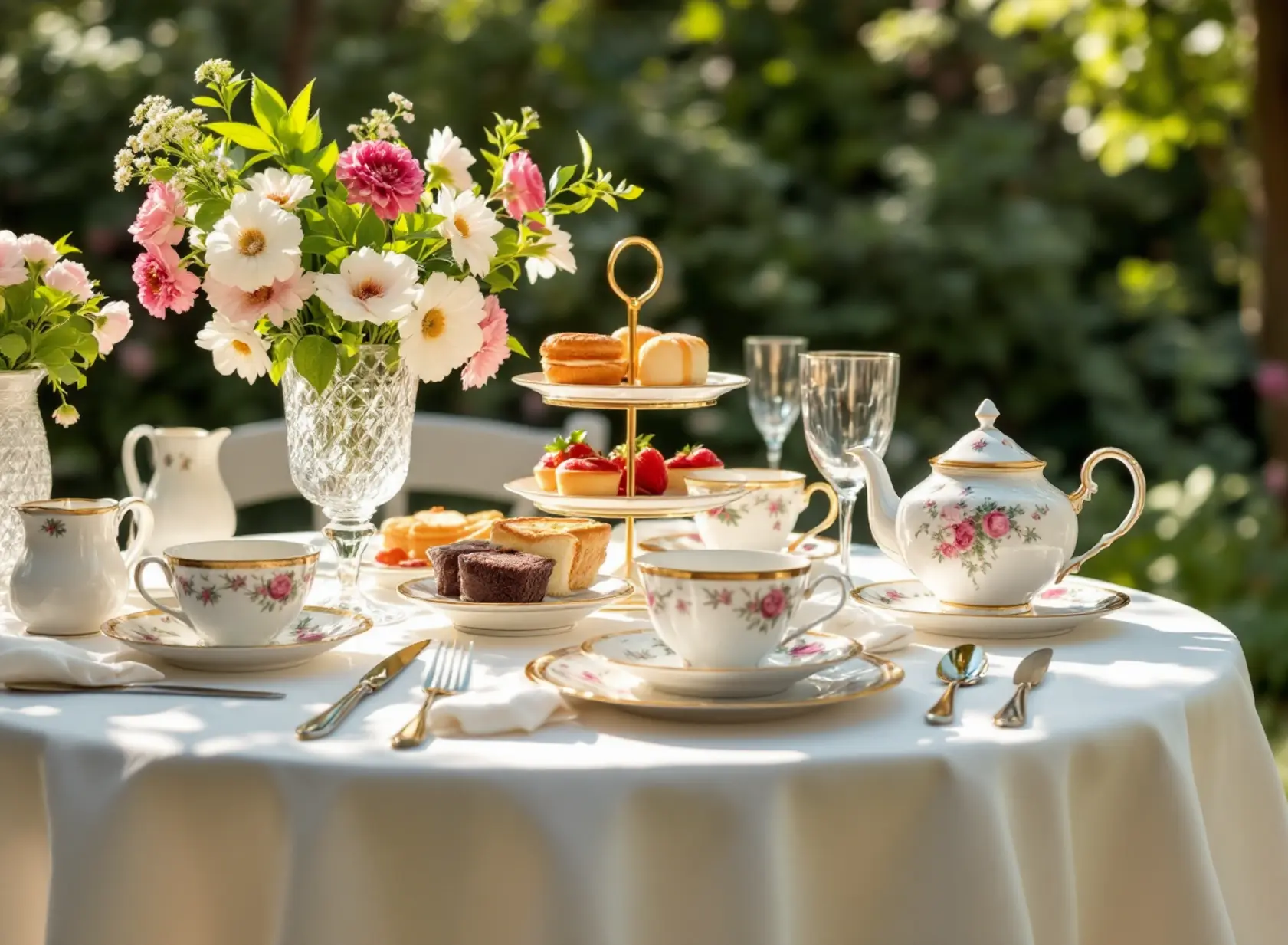 Elegant tea party table set with floral porcelain dinnerware and cake stand in garden setting.