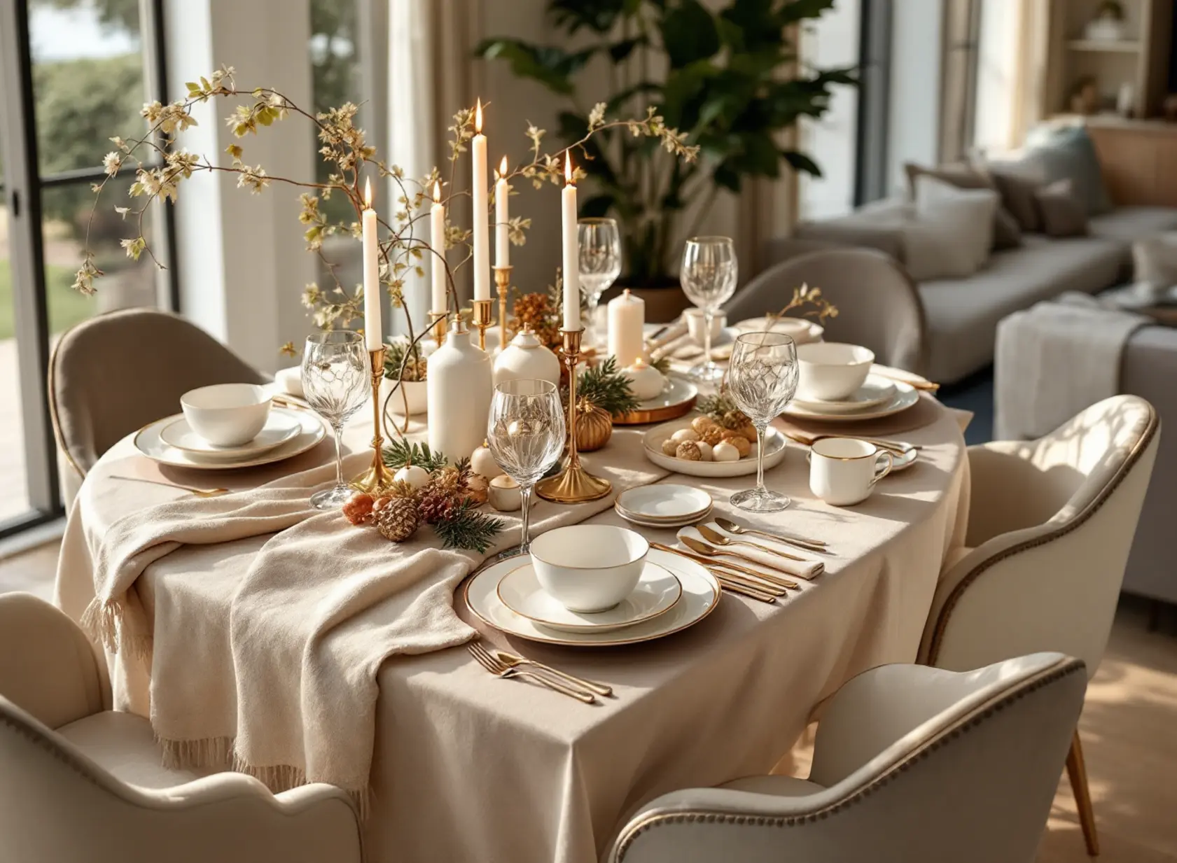 Elegant dining table with porcelain plates set and individual plates styled for refined home entertaining.