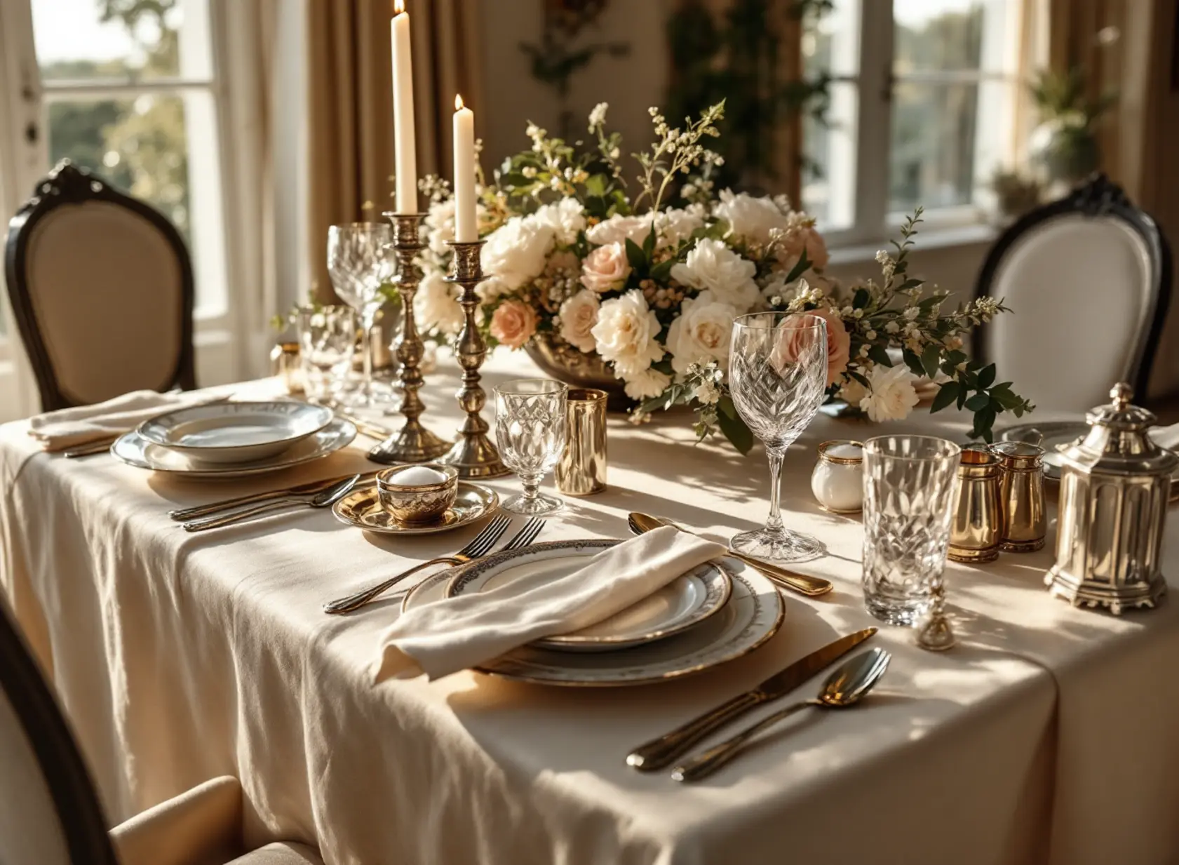 Elegant table setting with silver flatware cutlery, fine china, and crystal glassware in a luxury dining room.