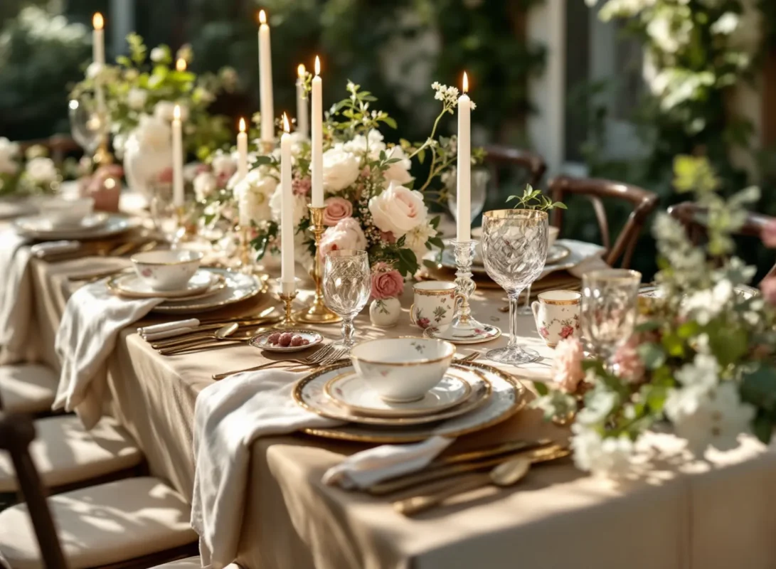 Vintage porcelain plates layered on wedding table with floral patterns and gold accents in garden setting.